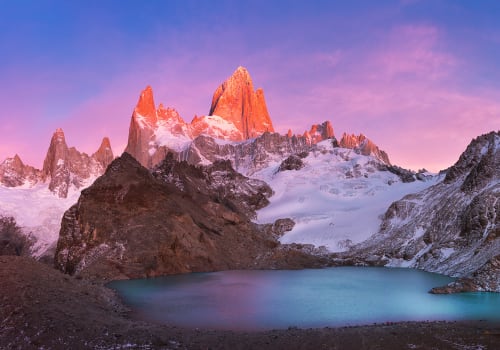 Fitzroy's Red Burning Peak And Laguna de los tres At Sunrise, Los Glaciares